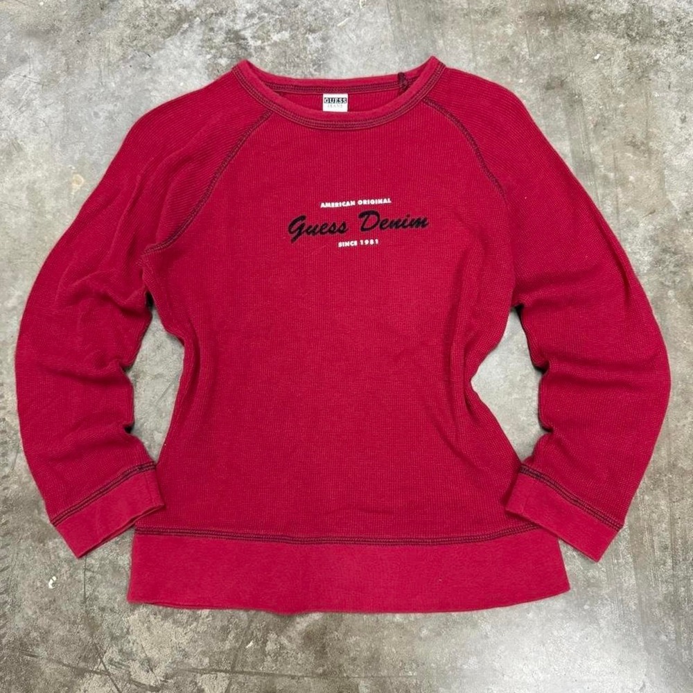 Vintage Guess Denim Red Waffle Knit Thermal Shirt Y2K Embroidered Logo Large